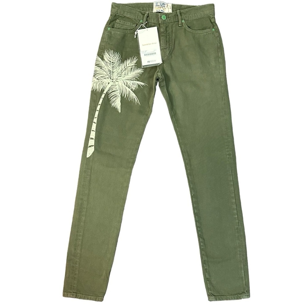 SANDRINE ROSE Embroidered Palm Tree Boyfriend Jeans in Army Green 24 NWT